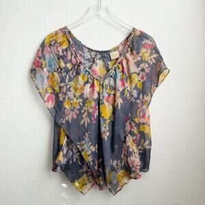 Postella Silk Floral Flowy Top Braided Neckline
